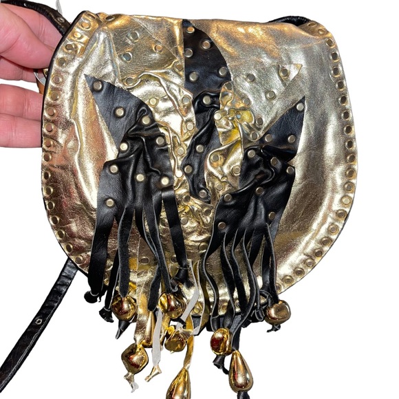 R Tash Of Miami Leather Crossbody Bag Metallic Gold And Black Tassels Metal Stud - Picture 3 of 9